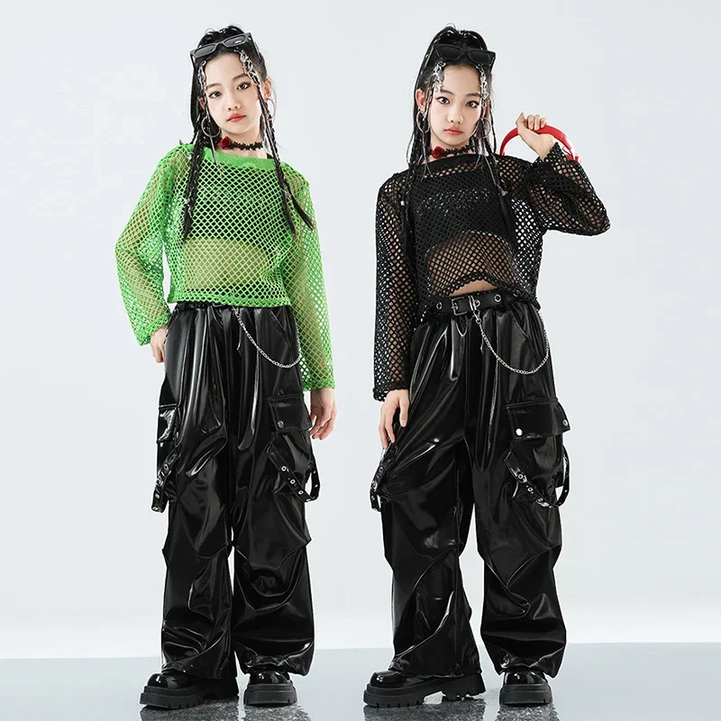 

Jazz Dance Children Clothing Kpop Stage Performance Outfit Green Mesh Tops Black Shuffle Pants Hip Hop Street Dance Clothes