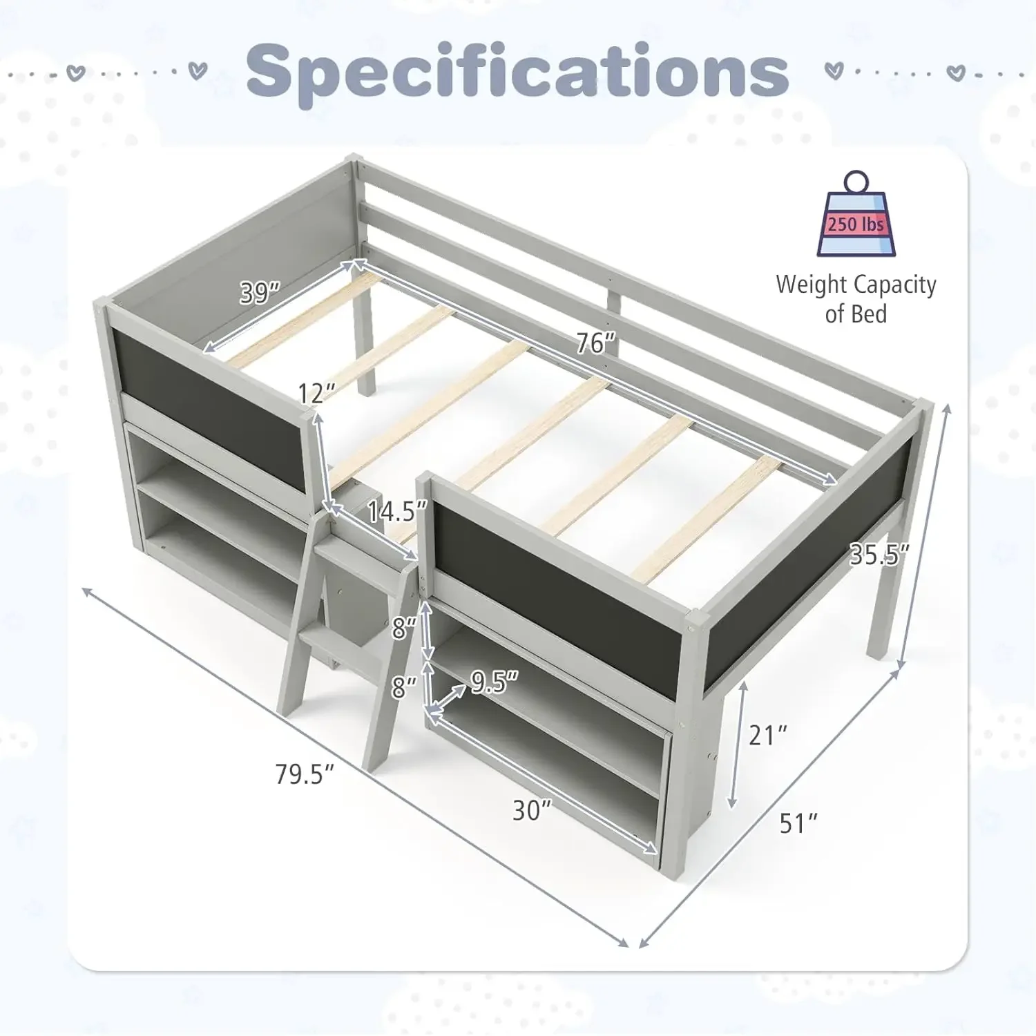 Loft Bed Twin Size, Wooden Loft Bed with Ladder & Blackboard, Twin Bed