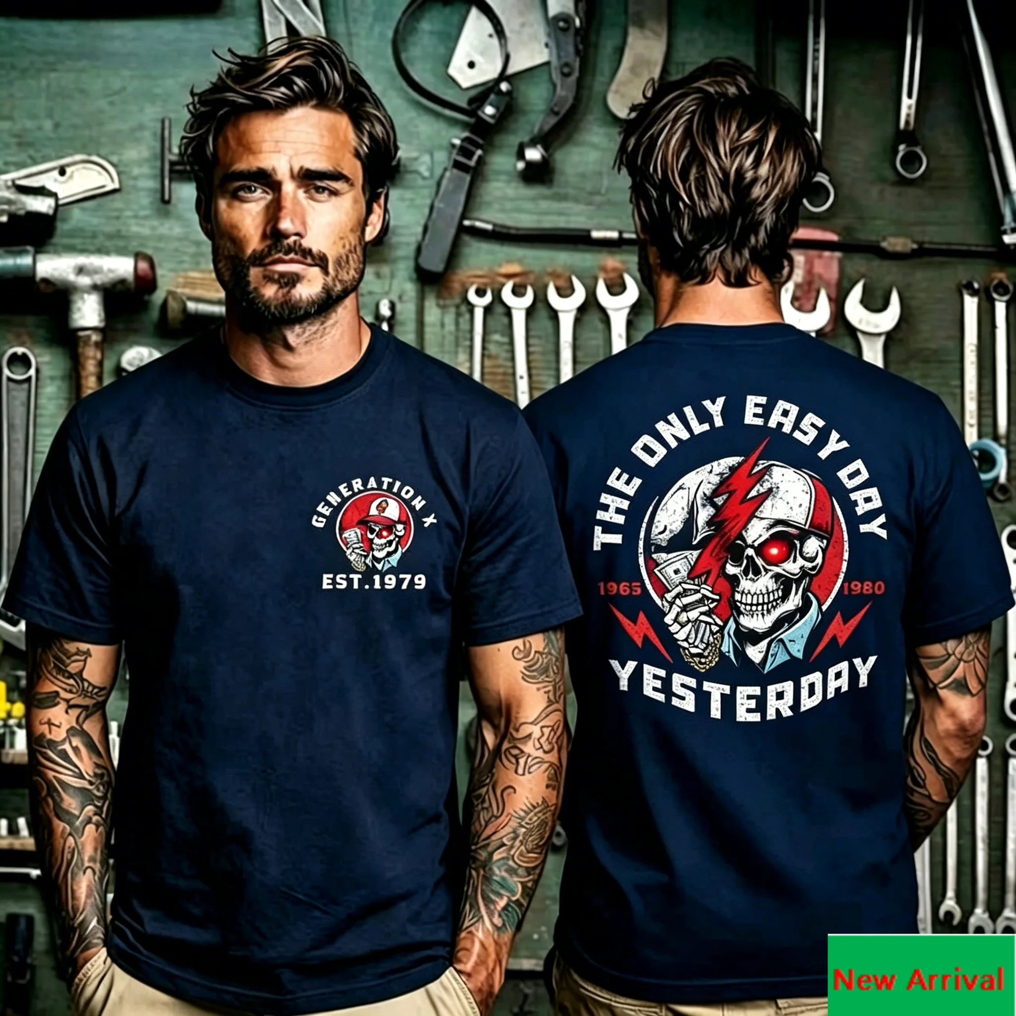 Front Generation X Skull Logo and Back The Only Easy Day Yesterday Skull Print T Shirt, Retro Military Slogan Design Unisex