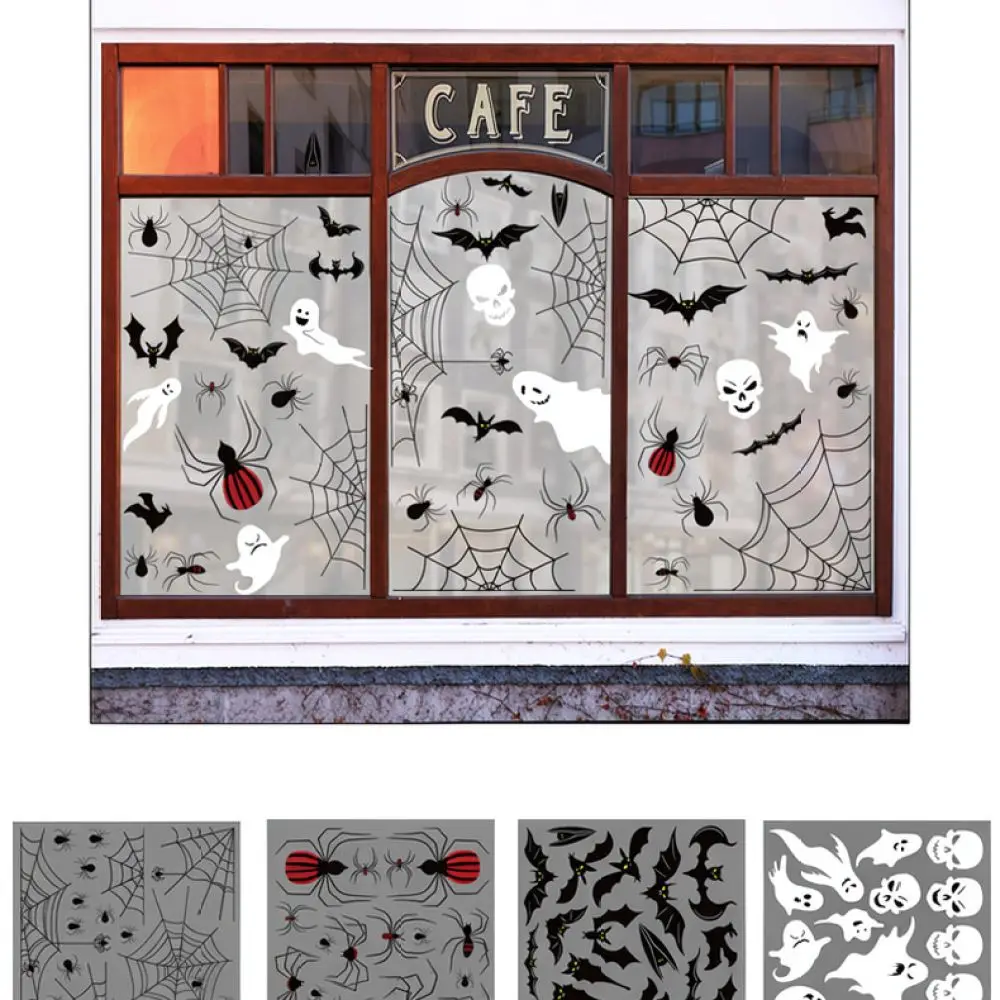 Halloween Wall Stickers Static PVC Window Clings Scary Spider Pumpkin Skeleton Pattern Waterproof Home Party Wall Decoration