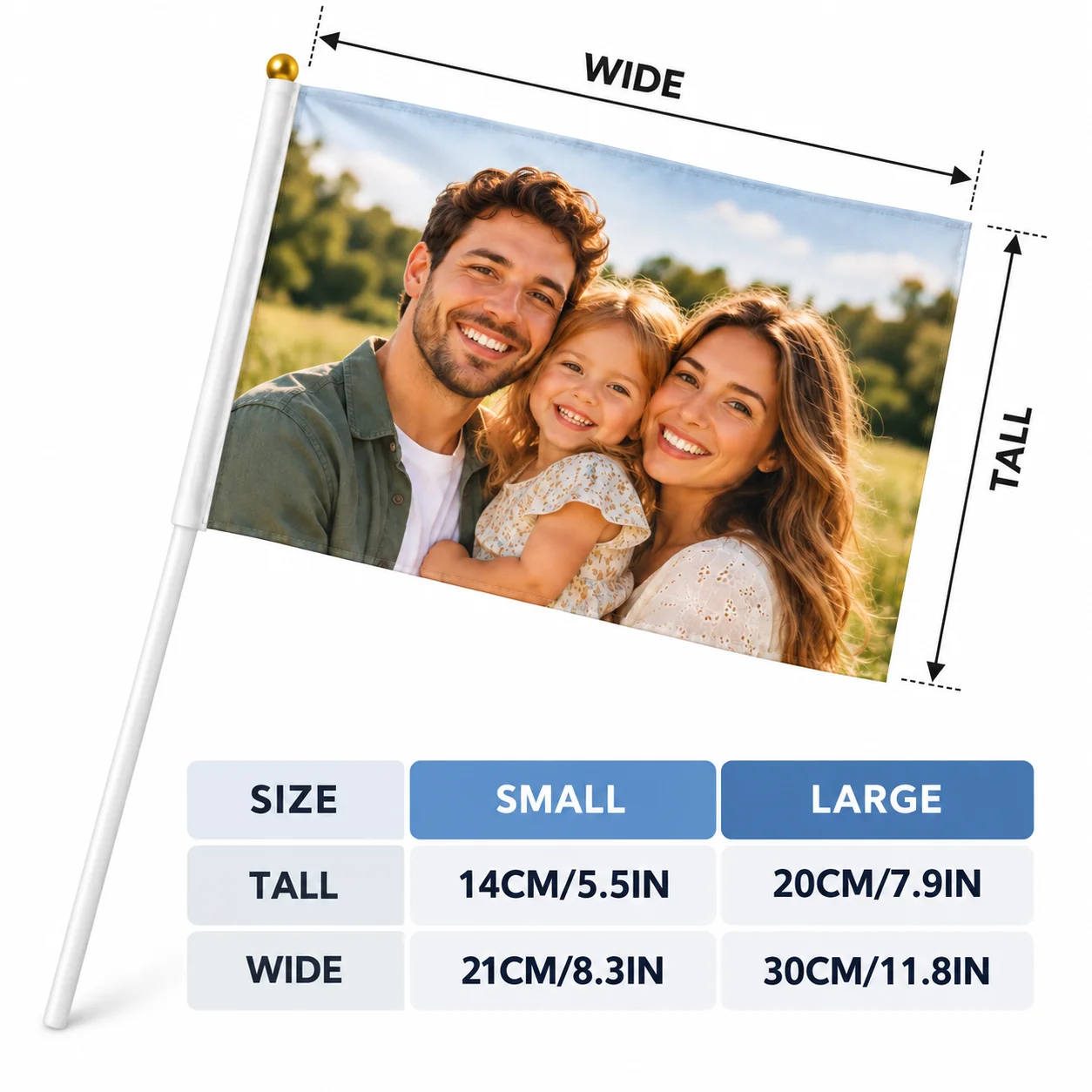 Custom Handheld Flags Personalized Logo Photo Polyester Hand Waving Flags White Plastic Stick for Sports Events Parties 30pcs