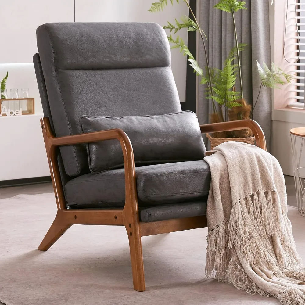 

High Back Microfiber Dark Grey Mid Century Modern Accent Chair, Soild Wood Padding Lounge Armchairs Side Sitting