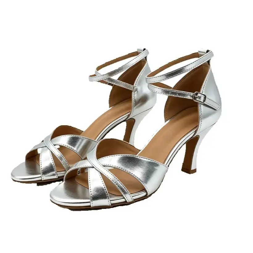 Silver PU Leather Latin Dance Shoes Women Adjustable Ankle Strap High Heels Salsa Ballroom Tango Competition Party Dance Sandals