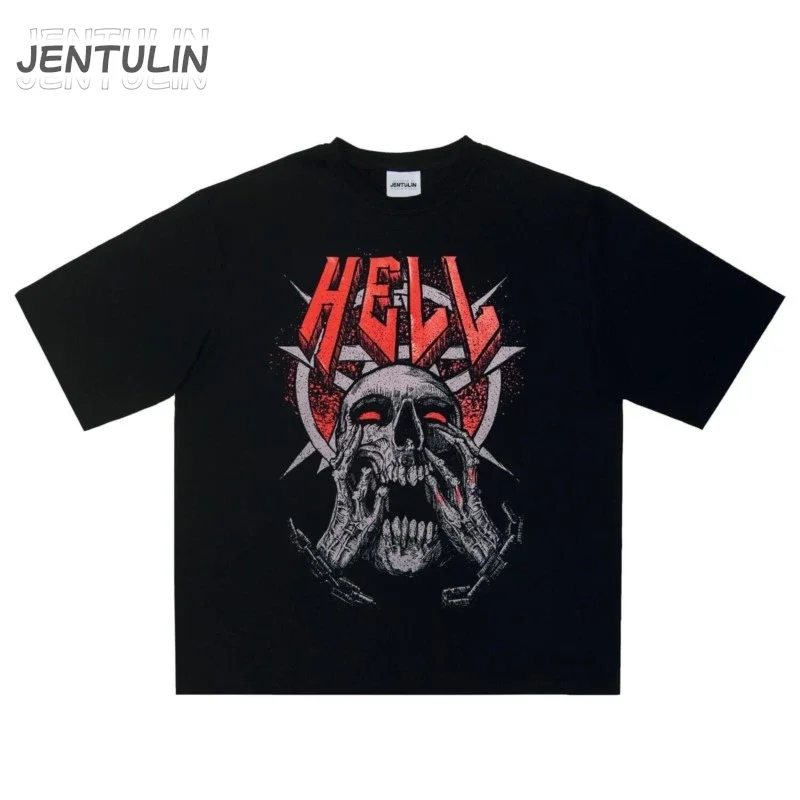 

Harajuku Oversized Streetwear Men's Clothing Hell Graphic Print Tshirt Cotton Hip Hop Aesthetic Short Sleeve Tops Tees Goth Y2k