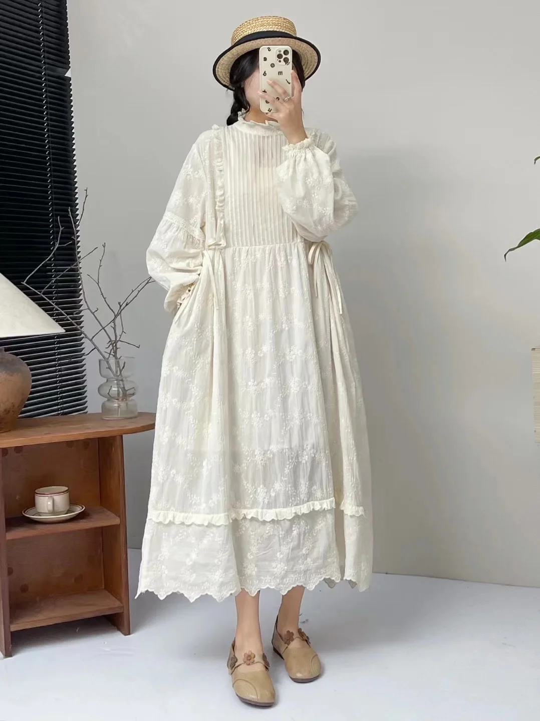 

Japanese Mori Sweet Lace Stand Collar Organ Pleated Lace Cotton Embroidery Long Sleeve Dress Princess Midi Dress