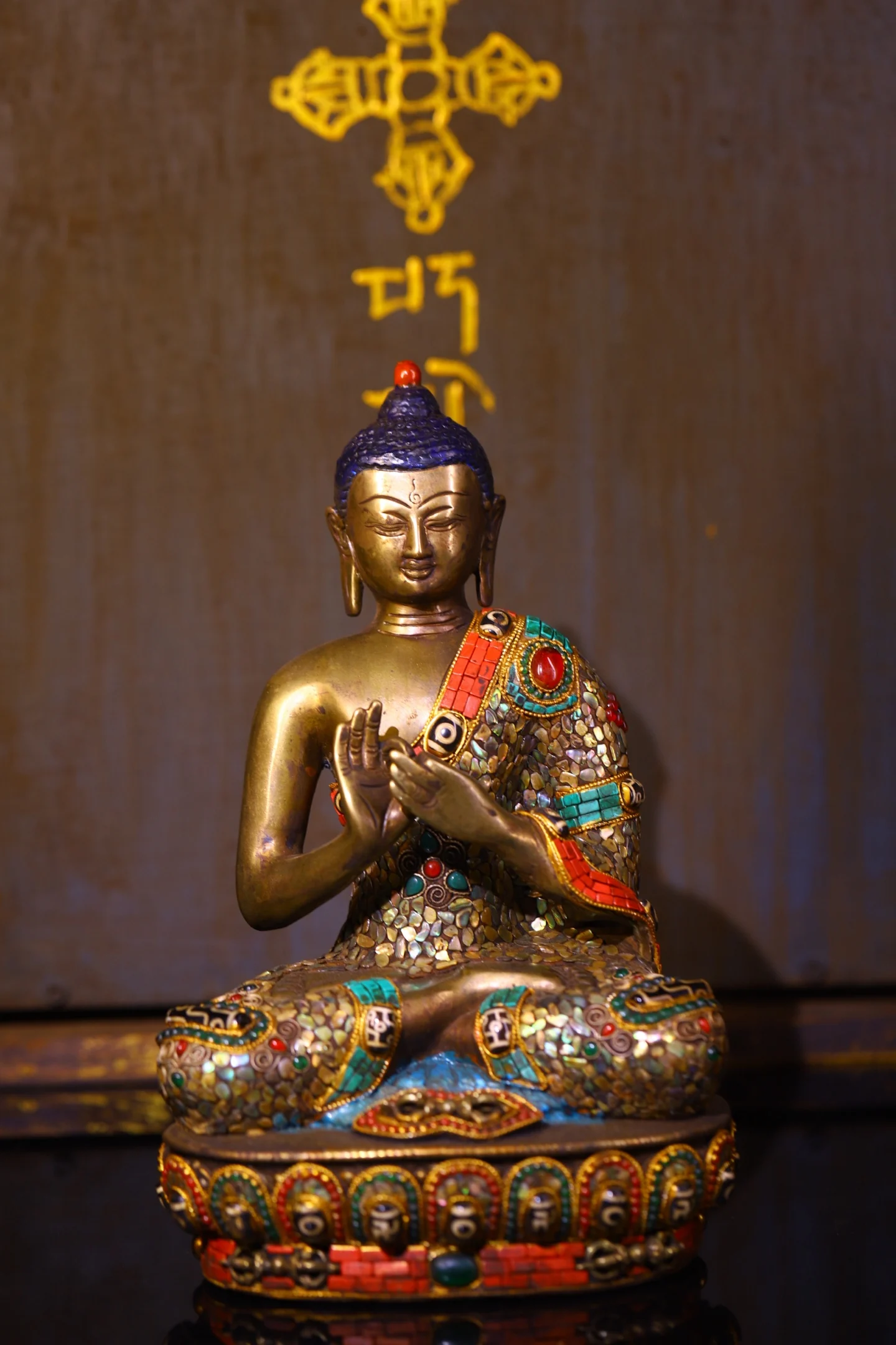 Old Lima Copper Painted Mosaic Gem gZi Beads Turquoise Dipankara Buddha Mahavairocana Sitting Buddha Lotus Throne Worship Hall