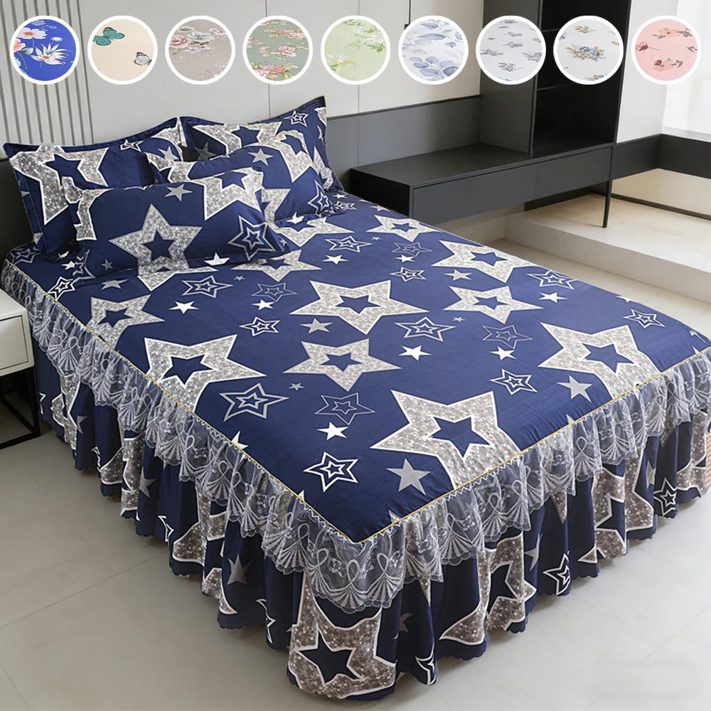 

3PCS Floral Style Bed Cover Double Lace Bed Skirt King Bedsheet Skirt (Bed Skirt*1 + Pillowcase*2) colchas de cama matrimonial