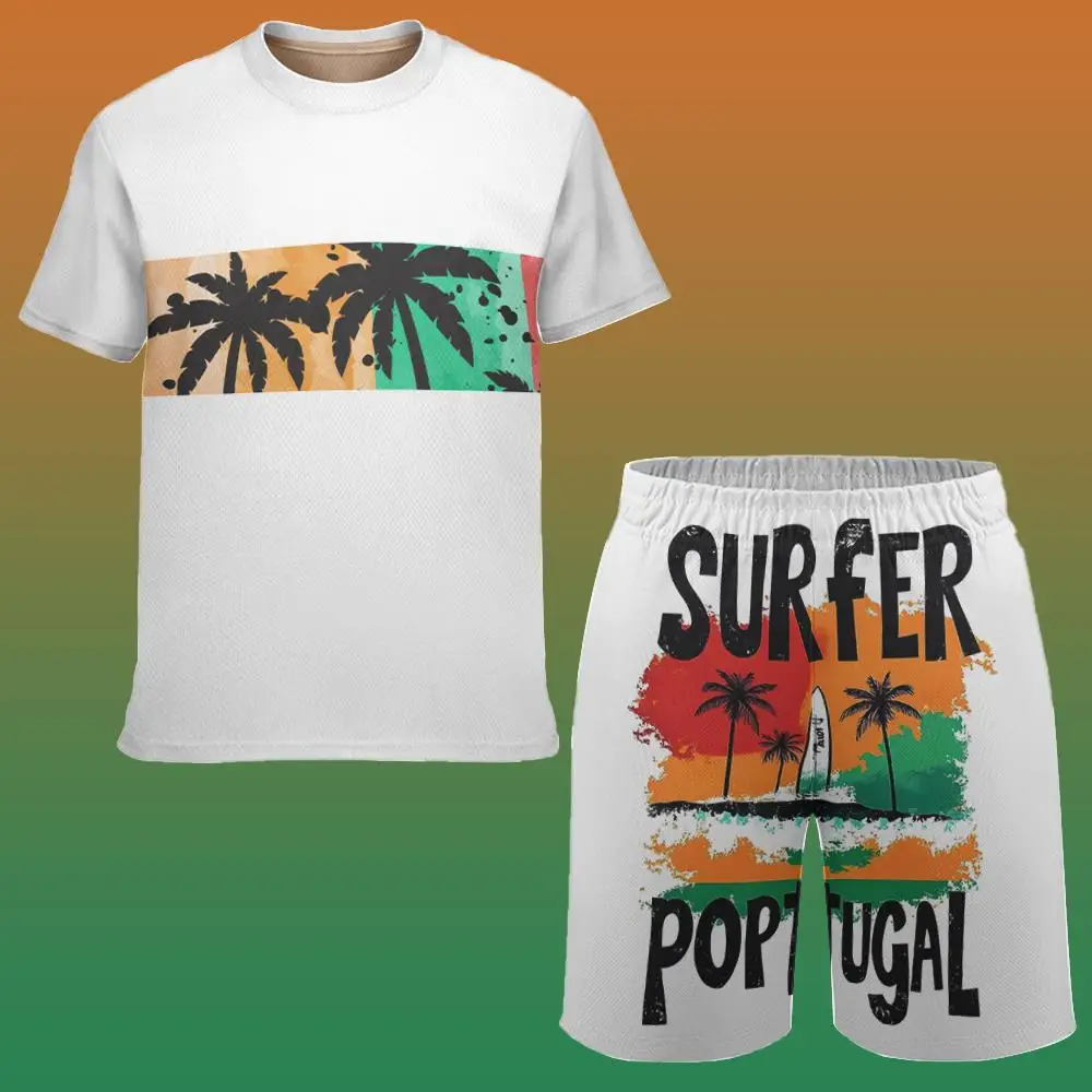 Palm Tree Print Men's Short-Sleeved Shorts Set Miami Vacation Style T-Shirt Shorts Seaside Surfing Sports Beach Two-Piece Suit