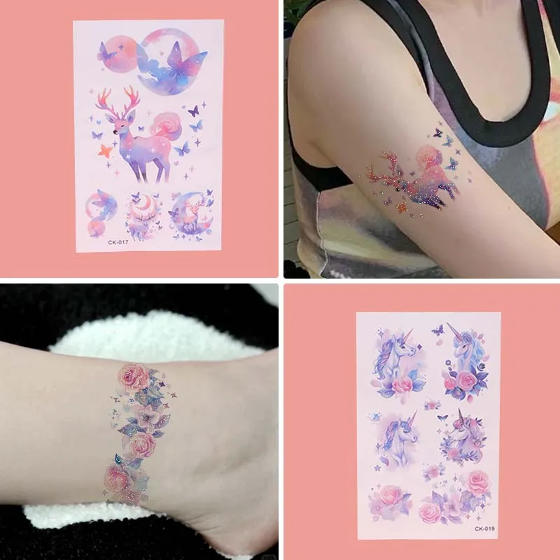 4pcs Glitter Butterfly, Deer, and Unicorn Waterproof Temporary Tattoo, Long-Lasting Waterproof, Realistic  Fake Tattoo