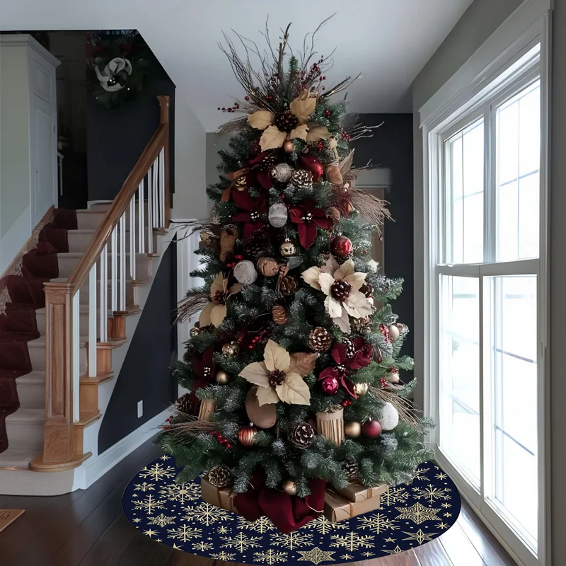 60/90cm Christmas Theme Round Carpet Blue Gold Snowflake Home 2025 Christmas Gifts Christmas Tree Living Room Decorative Mat