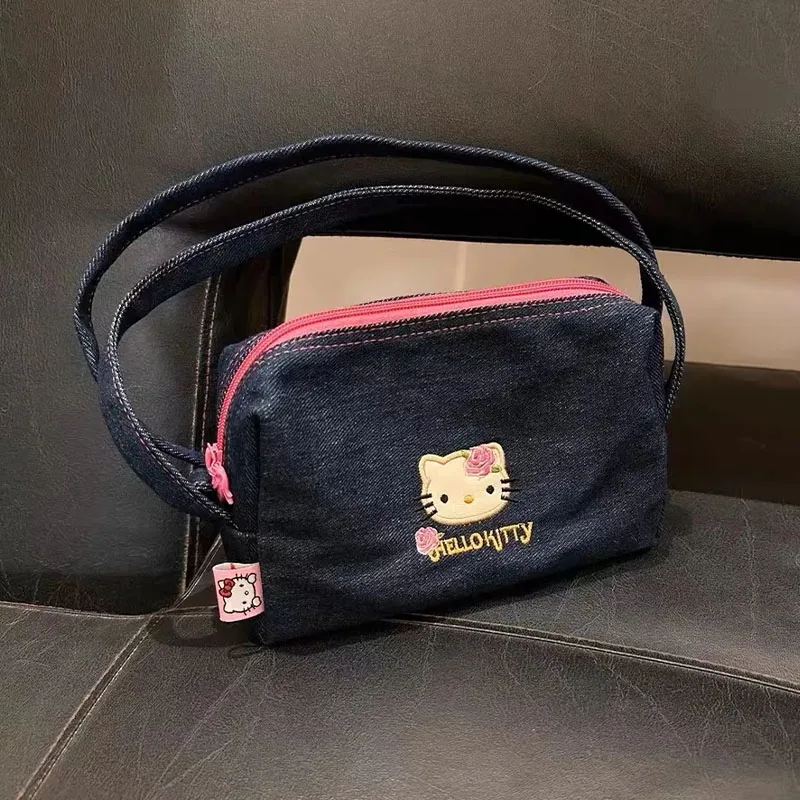 New Kawaii Cute Sanrio Hellokitty Denim Bag Cartoon Embroidered Handbag Crossbody Bags Portable Small Bag Girl Birthday Gift