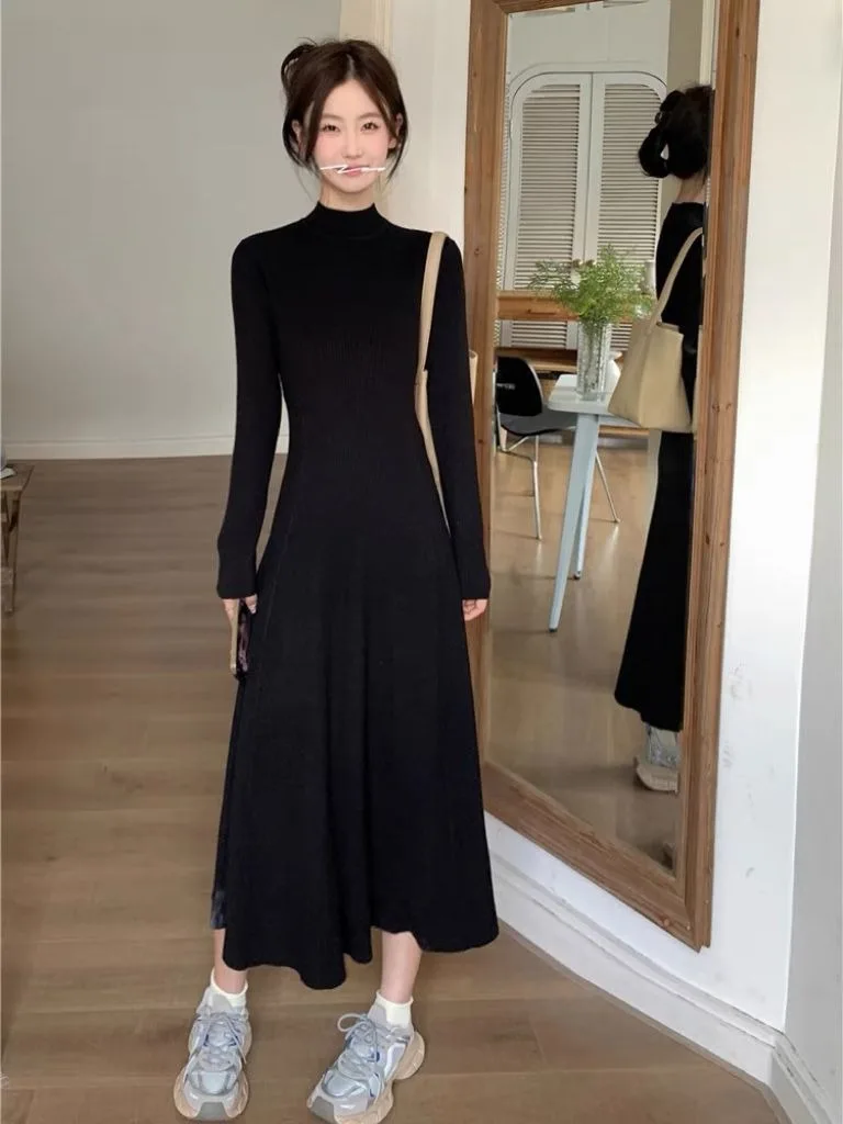 Feminino preto francês meados de bezerro a linha vestido de malha chique semi-gola alta emagrecimento manga longa quente em camadas outono inverno exclusivo