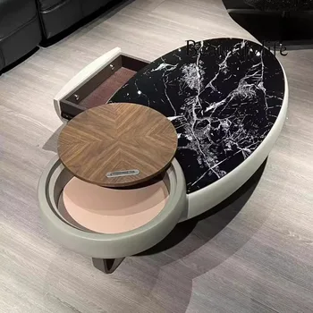 Modern marble splicing walnut color coffee table height difference oval design Italian combination