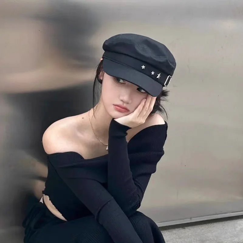 English Retro-Style Five-Pointed Star Fabric Strip Metal Fastening Flat-Top Photo-Taking Face-Shrinking Newsboy Hat