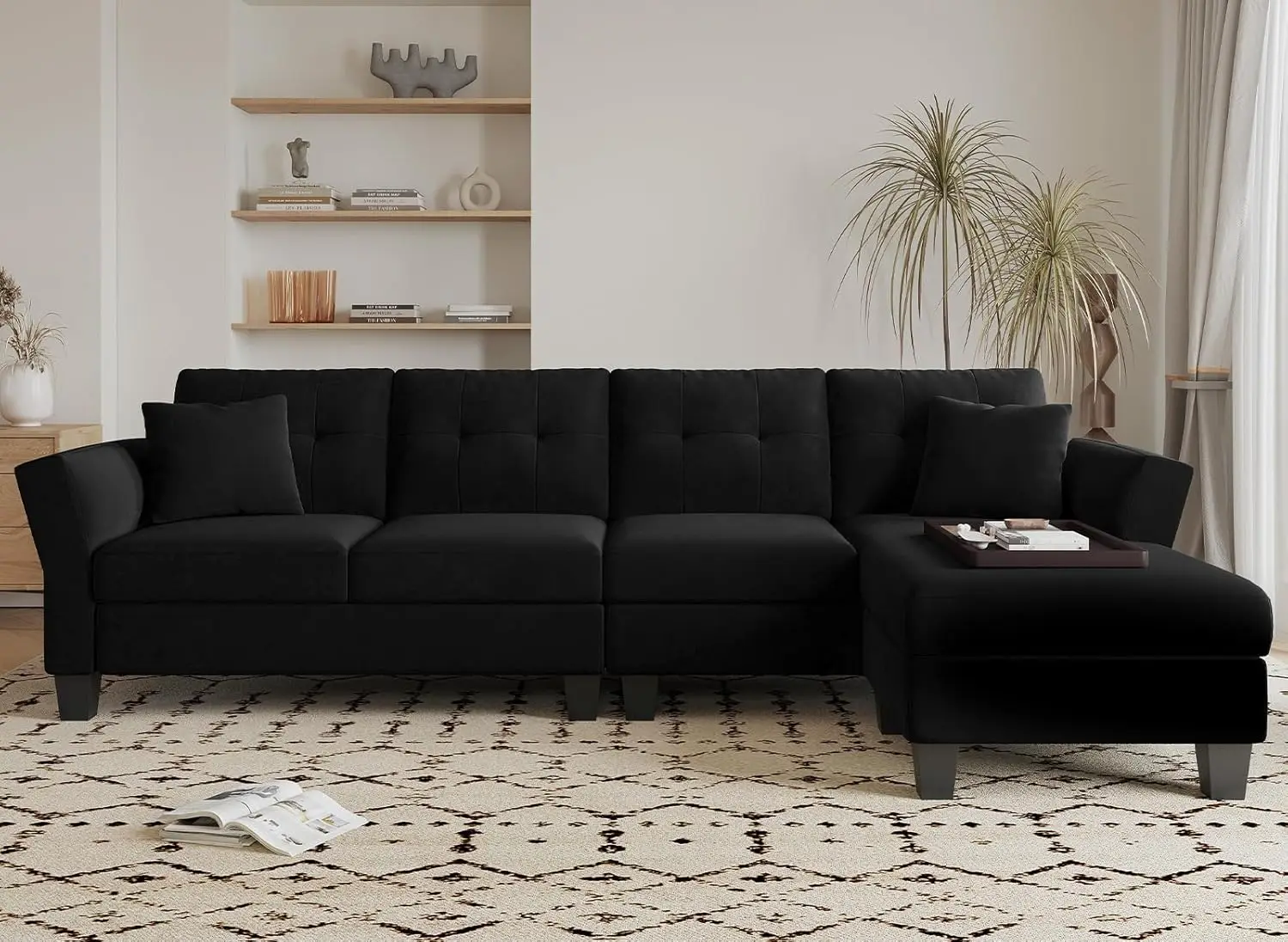 

Shaped Sofa 4 Seat Sofa with Chaise L-Shaped Couches Reversible Sectional Sofa (Black, L Shaped Couch)