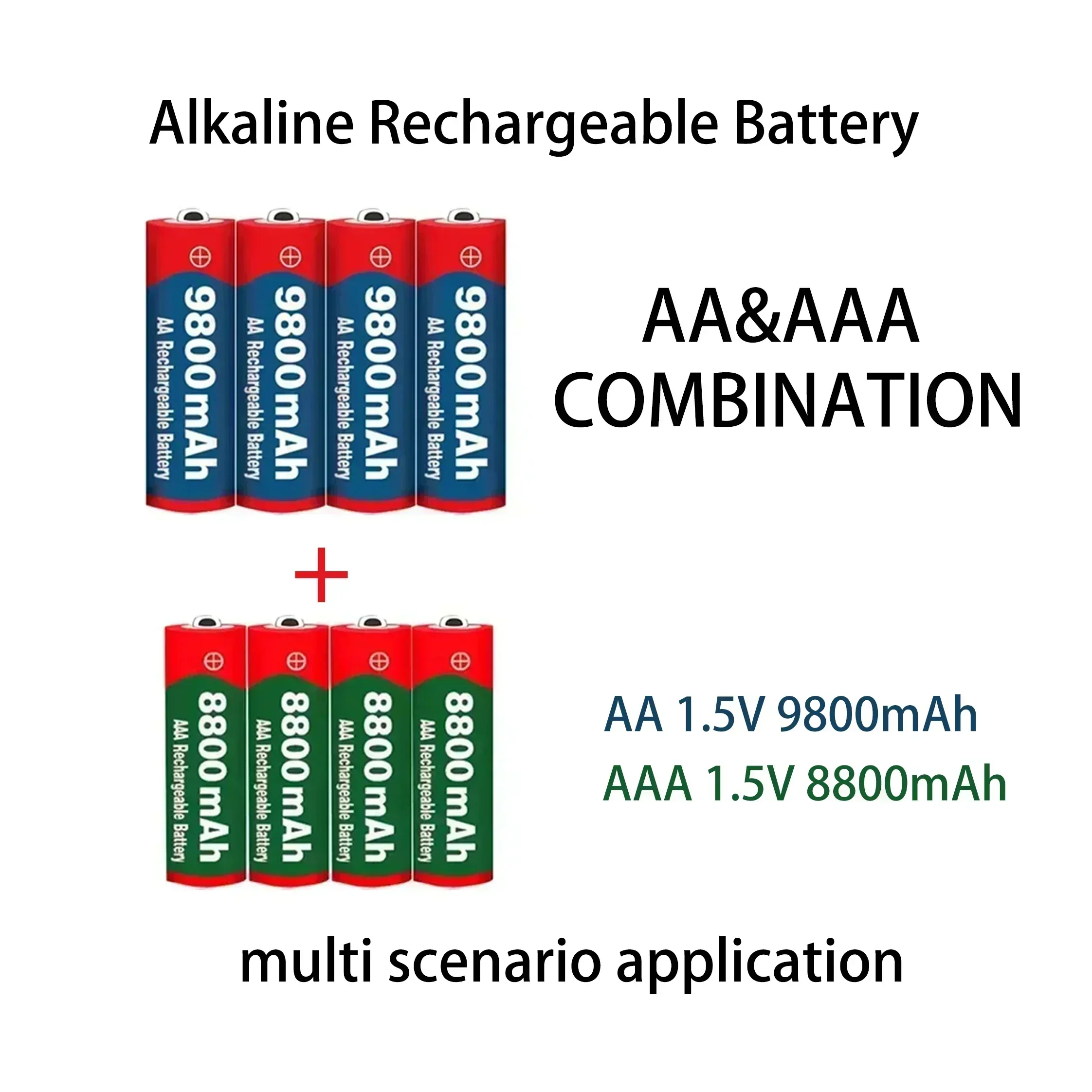 AA (1.5V, 9800mAh) + AAA (1.5V, 8800mAh), alkaline rechargeable battery, can be used for remote control, calculator, alarm clock