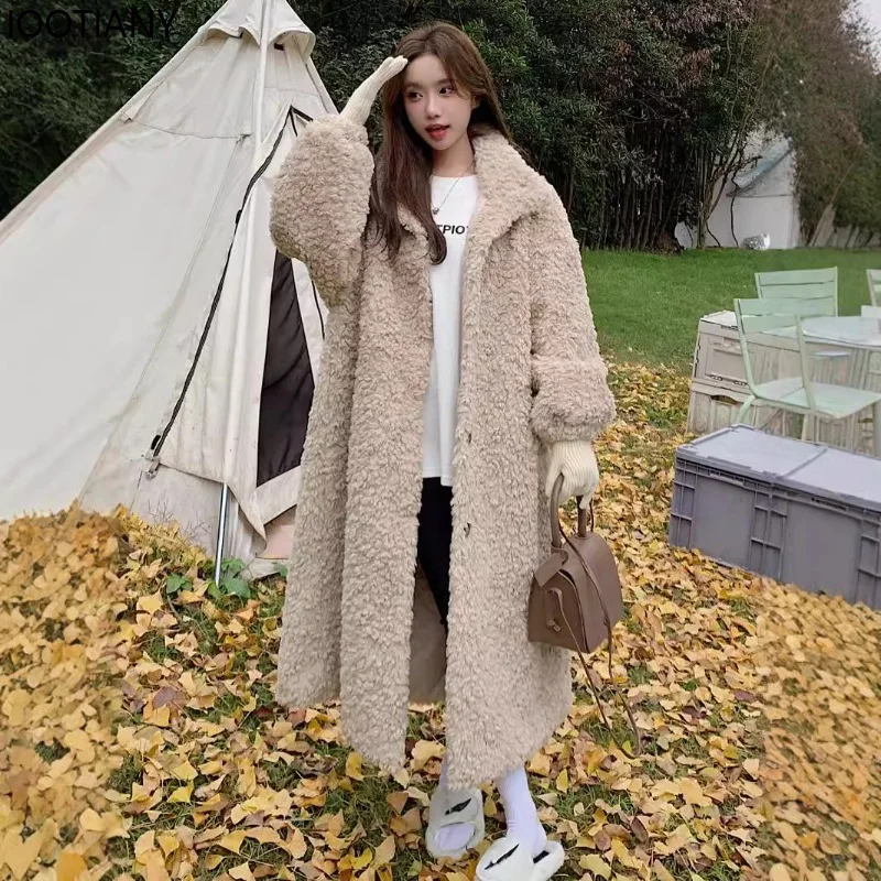 

Women's Buttons Coat European and American Fashion Clothes New Extended Paragraph Lamb Fur Fur Coat Winter Collar