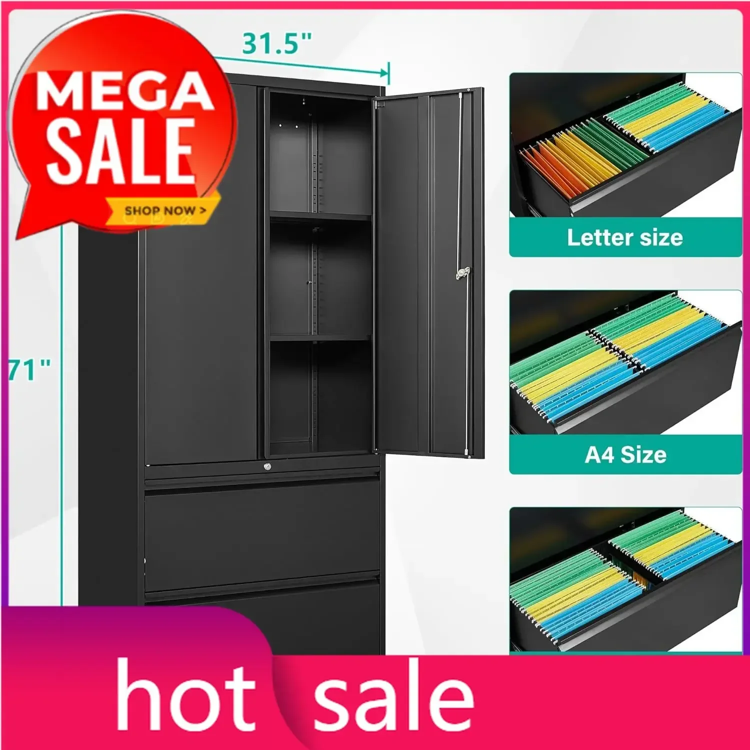 Black Metal Storage Cabinet with Drawers and Lock,Locking Steel Storage Cabinet with Doors and Shelves,71