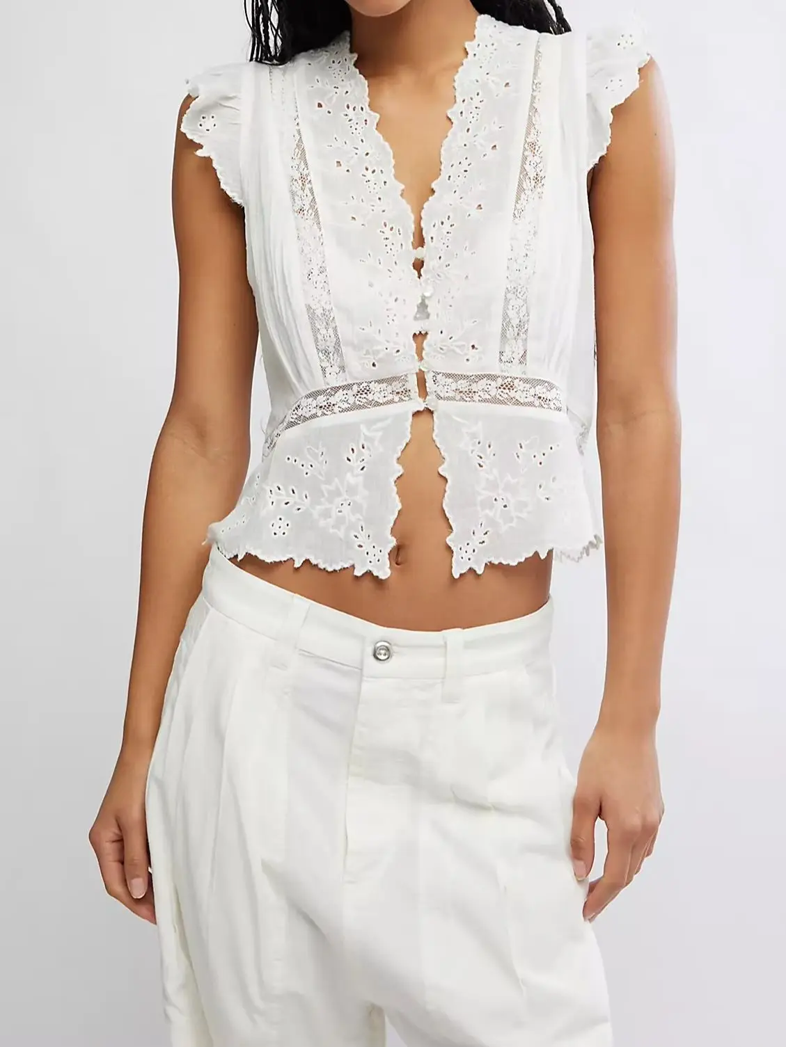 

Women Embroidery Hollow Out Tank Tops Lace Spliced V-Neck Sleeveless Casual Female Vest