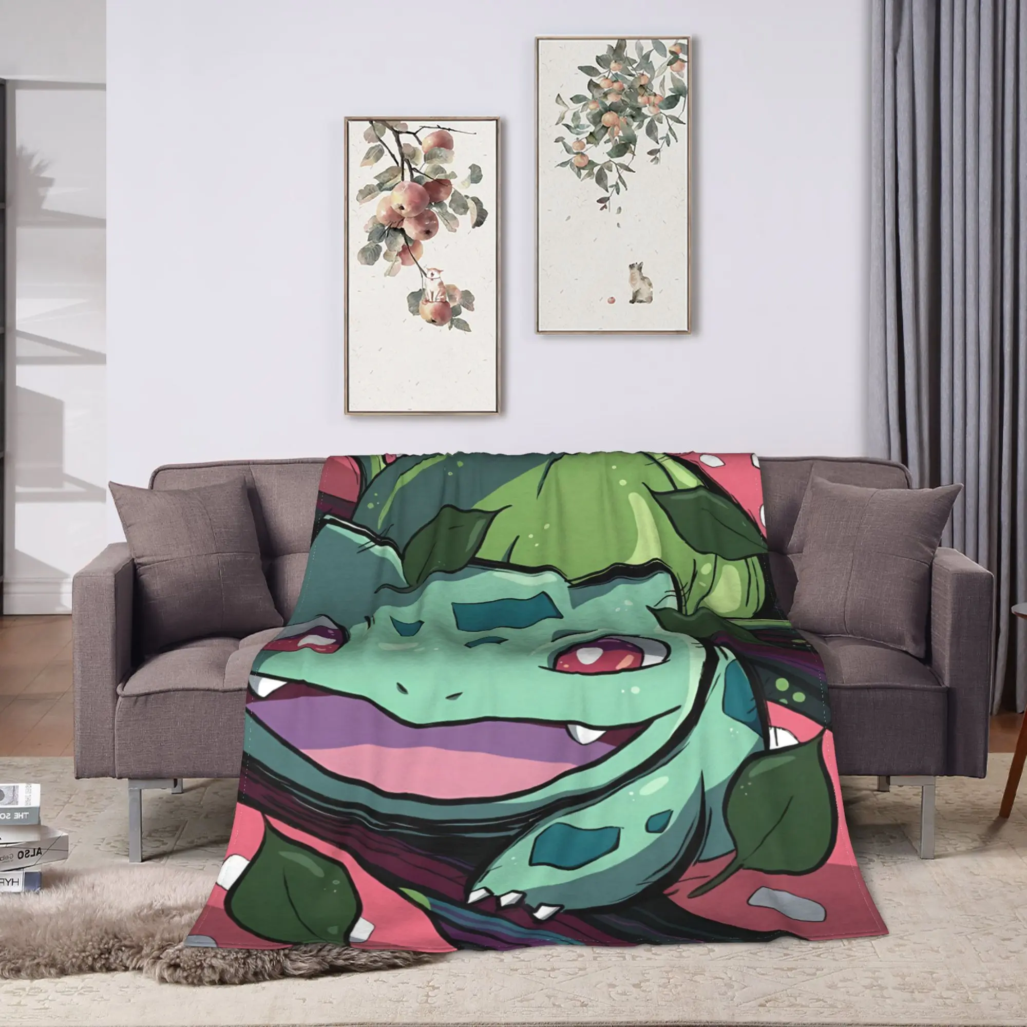 Bulbasaur Close Anime Blanket  Soft Warm Pattern Plush Throw Blanket For Boy Girl Couch Chair Bed Flannel Bedspread Bed Cover