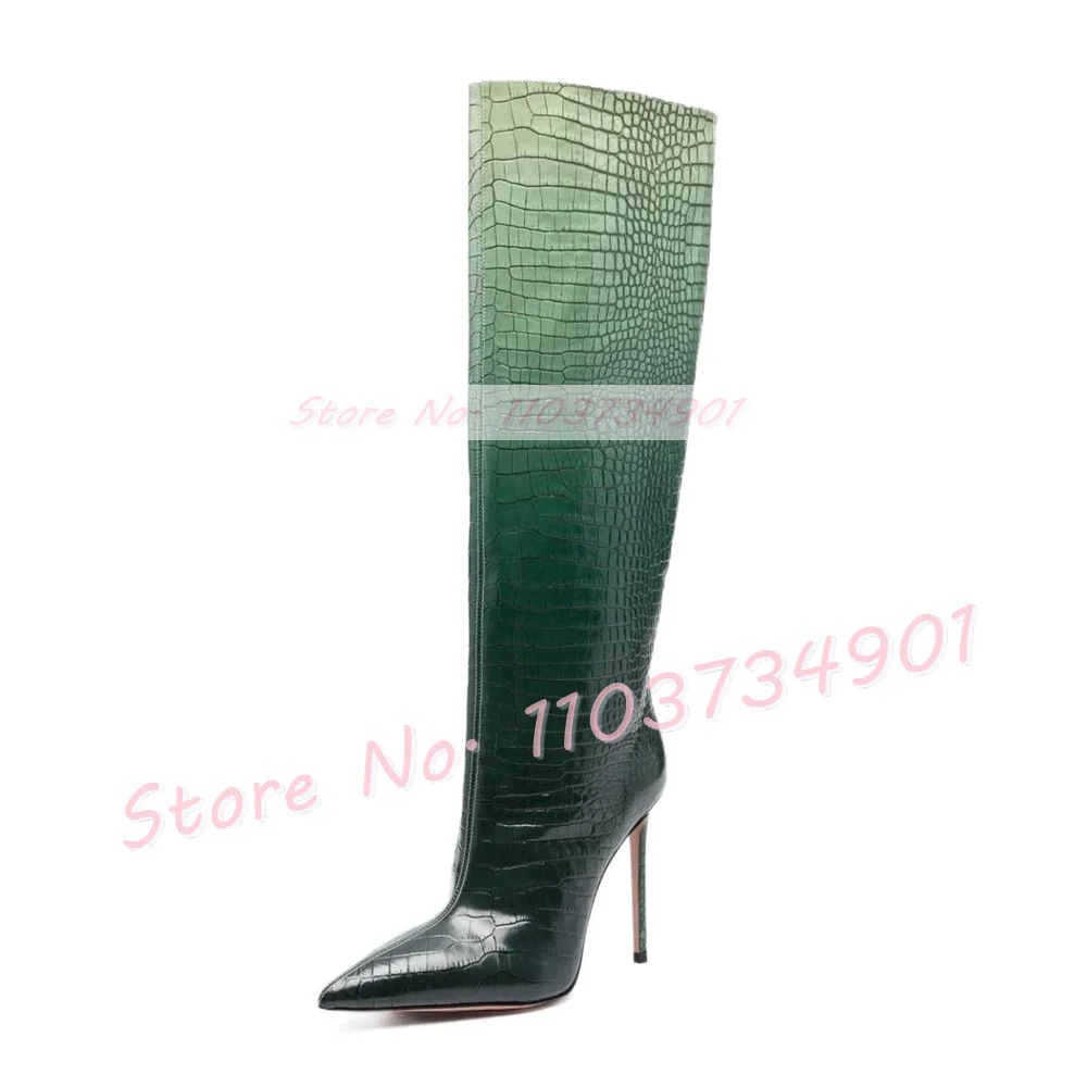 Ombre Crocodile Pointy Knee High Boots Women Trendy Slip On Stiletto High Heels Shoes Slim Sexy Mixed Colors Big Size Chic Boots