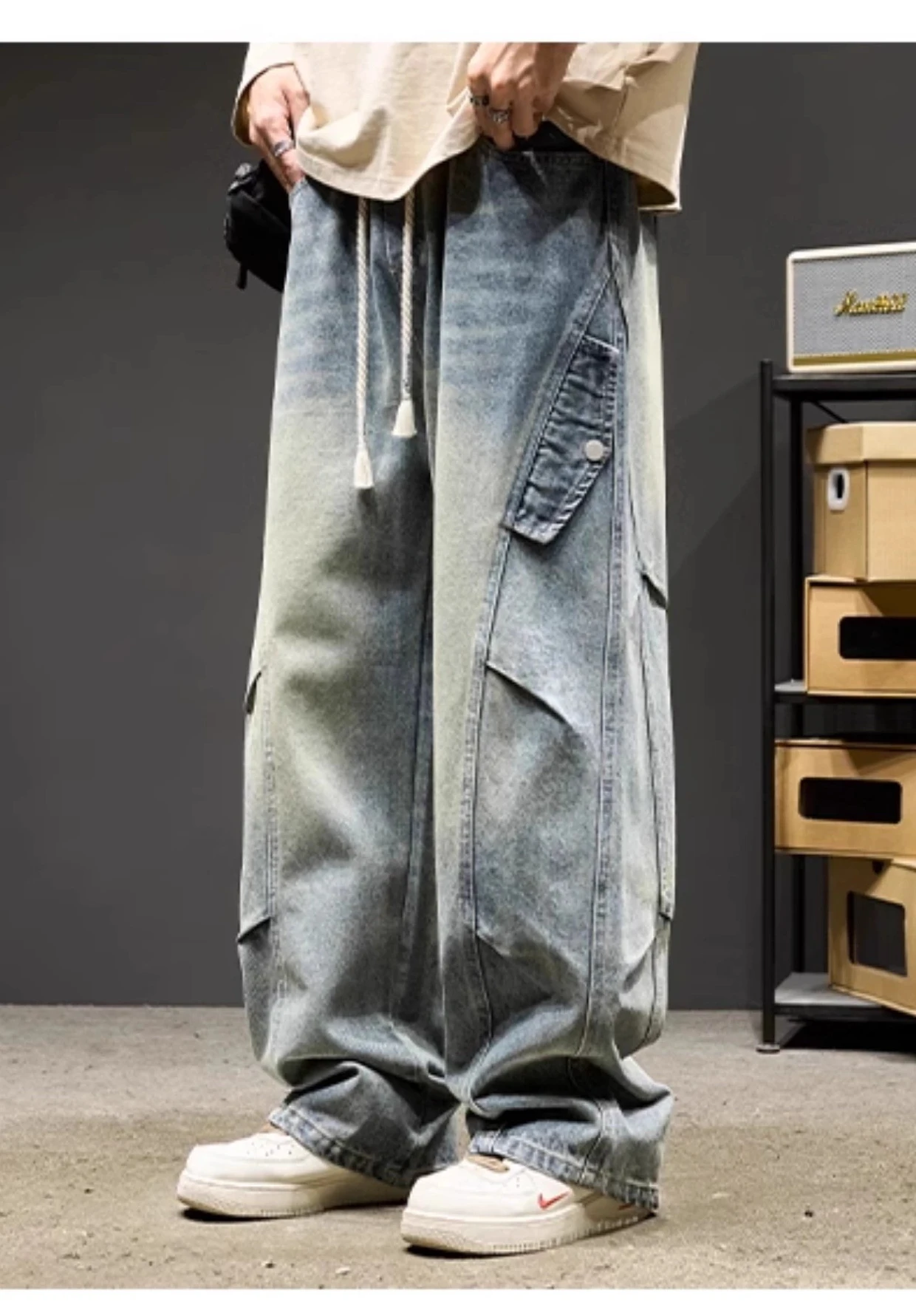 2025 Spring and Autumn New American Style Black Loose Cargo Jeans for Men Retro Blue High Waist Casual Long Pants Two-Piece Set