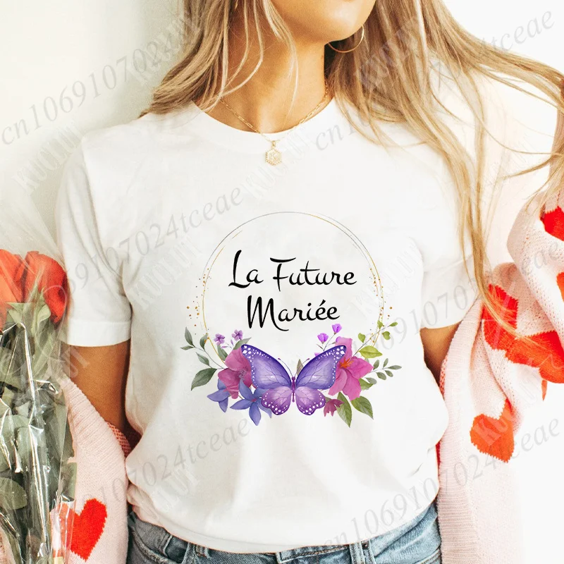 French Women Evjf Team Bride T-Shirt Bridal Wedding Bachelorette Hen Party Tops Short Sleeved Flower Crown Future Bride Tees