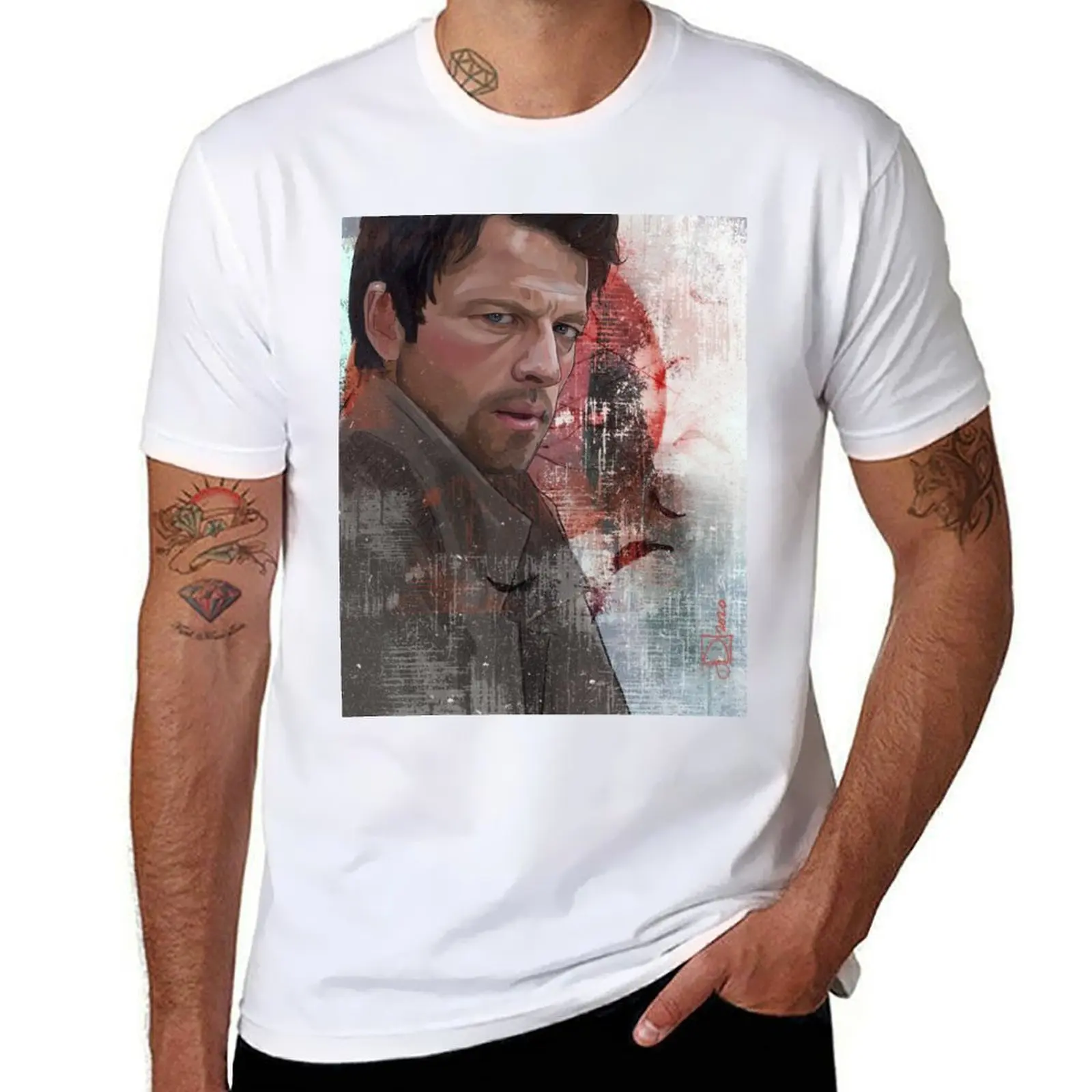 

Castiel Portrait With Grunge T-Shirt t shirts for man graphic funny funny t shirts dark humor T-Shirt