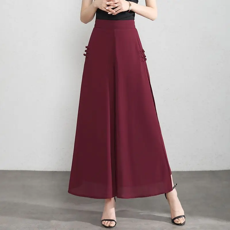 

Vintage Spliced Button Fake Two Pieces Chiffon Pants Women's Clothing 2025 Summer New Loose Commuter Elastic High Waist Pants