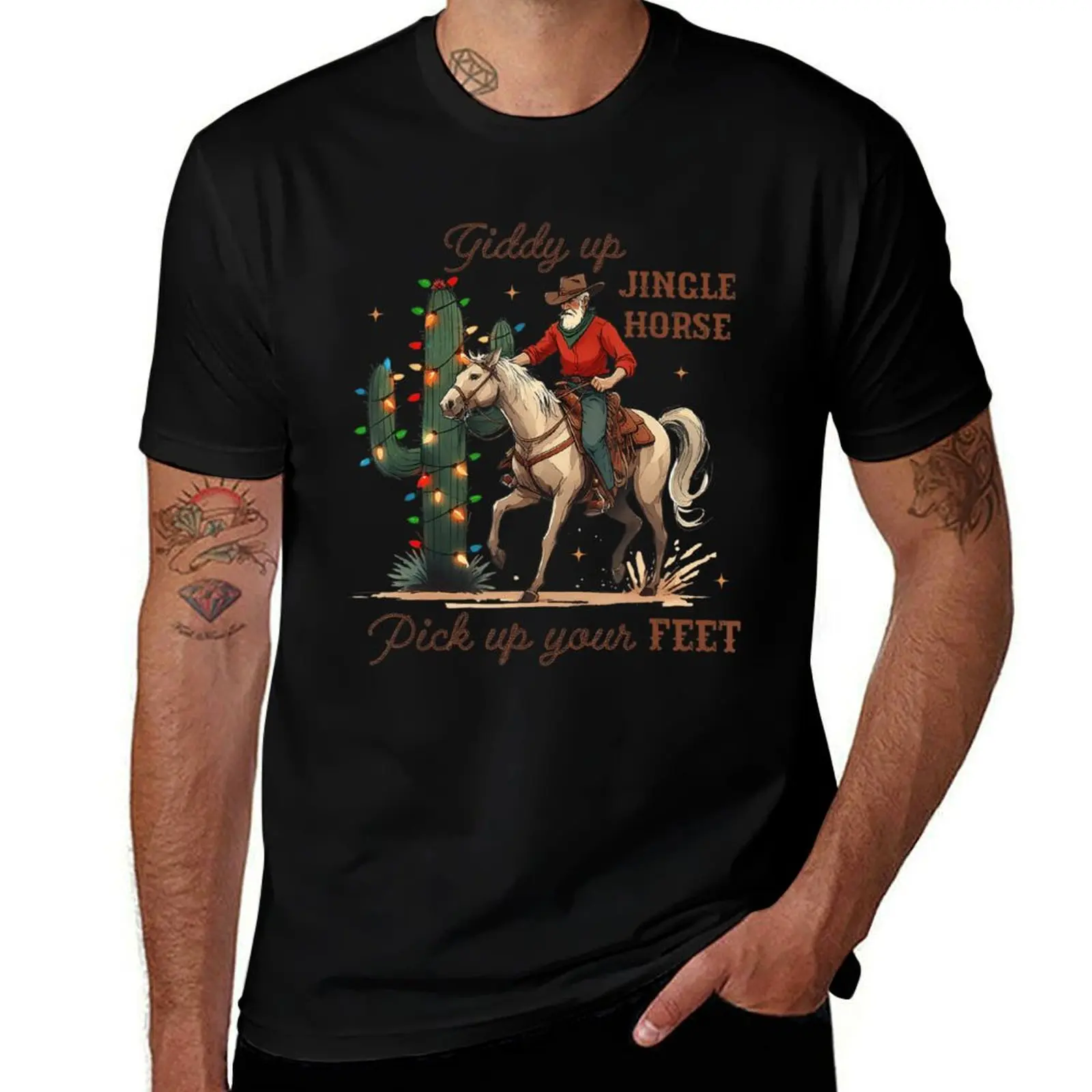 

Giddy Up Jingle Horse Pick Up Your Feet Cowboy Santa T-Shirt cotton t shirt pack T-Shirt