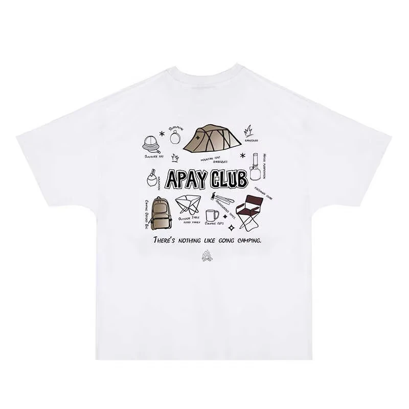 2025 New Camping graphic T-shirt outdoor retro printed cotton tent backpack design and camping slogan
