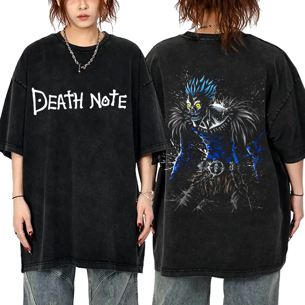 Gewaschene Vintage Anime Death Note Ryuk Doppelseitig Bedruckte T-Shirts für Männer und Frauen Mode Cartoon Street Oversized Rundhals-T-Shirts