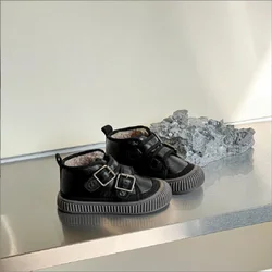 2024 inverno nuova edizione bambino morbido glutinoso caldo cotone scarpe in pelle per bambini doppio bottone scarpe Casual bordo nero marrone