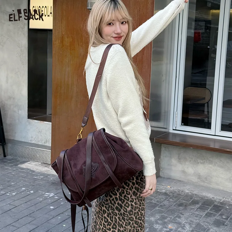 

ELFSACK Y2K Preppy Suede Solid Heart Embroidery Backpack For Women