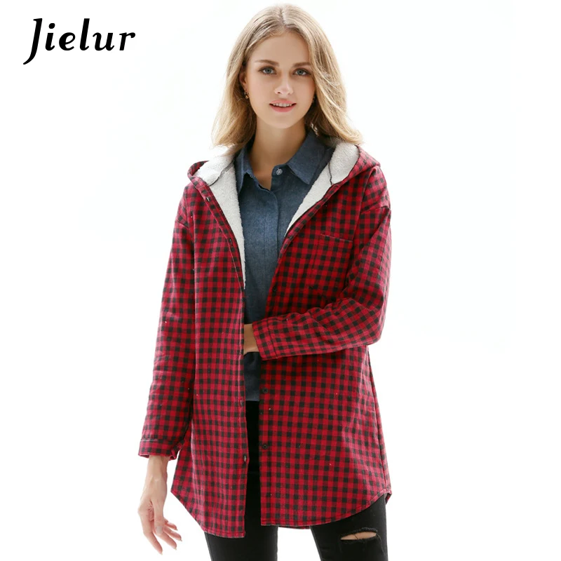 Winter Europe Fleece Women\'s Shirt Fashion Hooded Red Plaid Shirts M-3XL Size Casual Long-sleeved Tops Warm Blusas