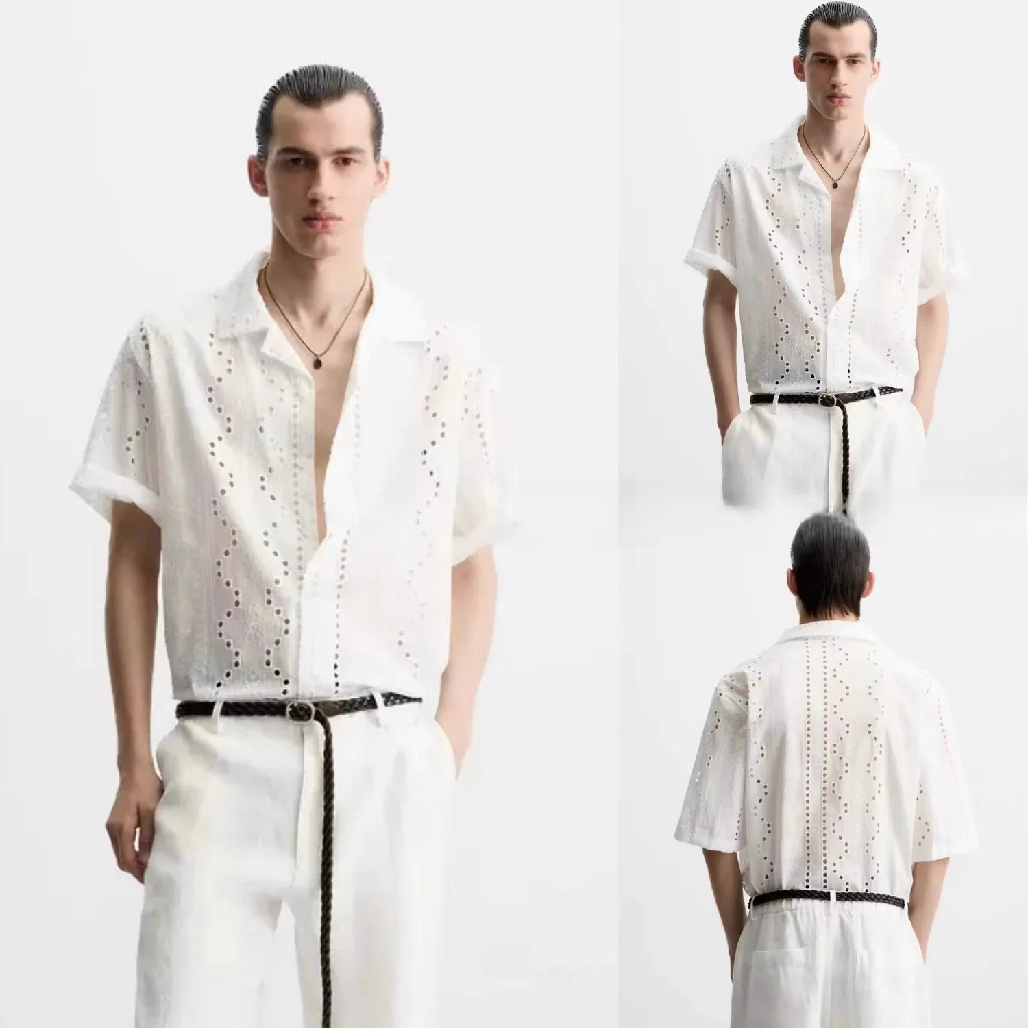 

New Summer Men's Loose Fit White Embroidered Hollow out ort Sve irt Breathable Moisture ng Thin Youth Casual irt