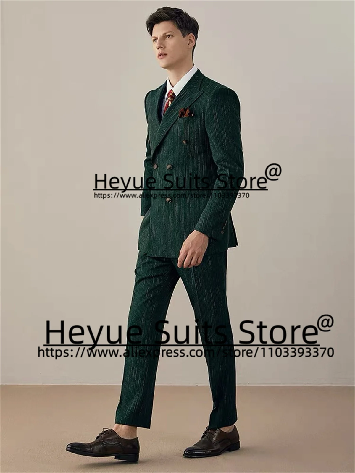 High-end Green Slim Fit Men Suits Double-breasted Peak Lapel Groom Formal Tuxedos Party Business 2 Pieces Sets (Jacket+Pants)