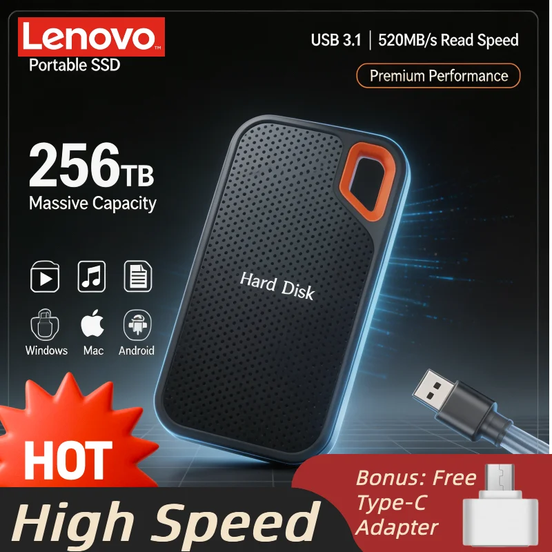

Внешний SSD-накопитель Lenovo E61 2 ТБ, 4 ТБ, 8 ТБ USB 3.1: высокоскоростное портативное хранилище для ноутбуков, PS5, телефонов и игровых систем (резервное копирование)