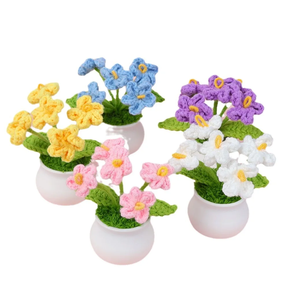 Cute Kintted Flowers Potted  Creative Artificial Flower Crochet Plant for Car Desk Decor Friends Gift