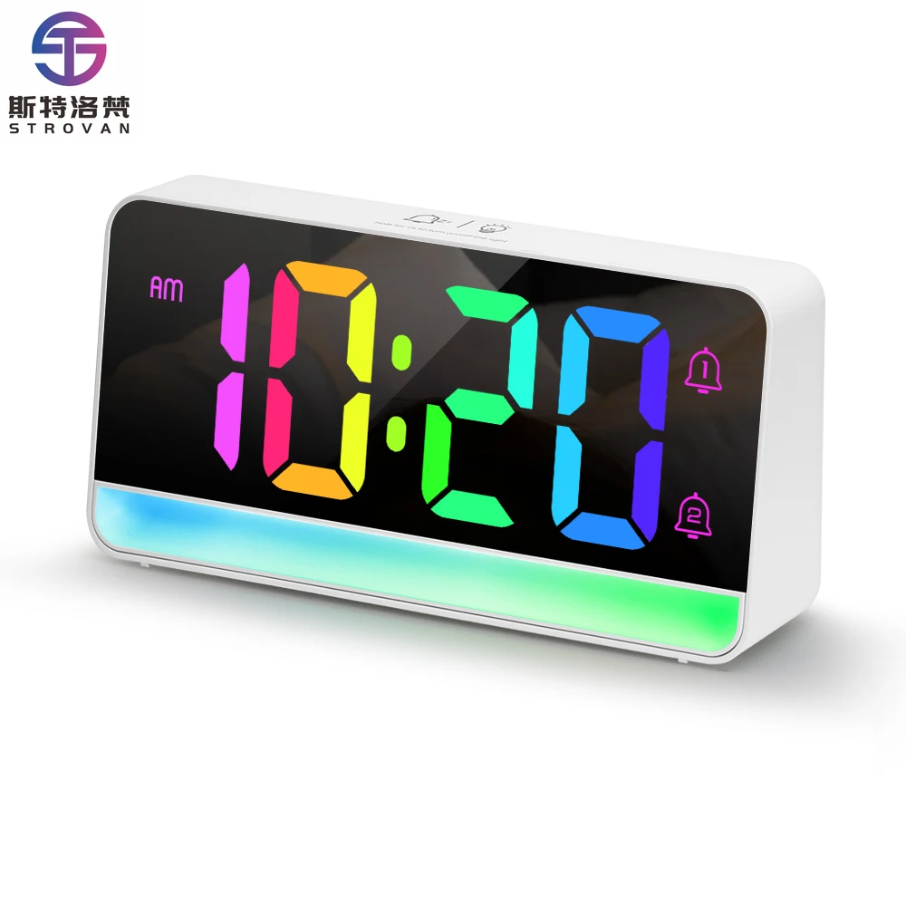 

Adjust Brightness Volume Display RGB Time Snooze Memory Function Digital Table Alarm Clock for Bedroom Office