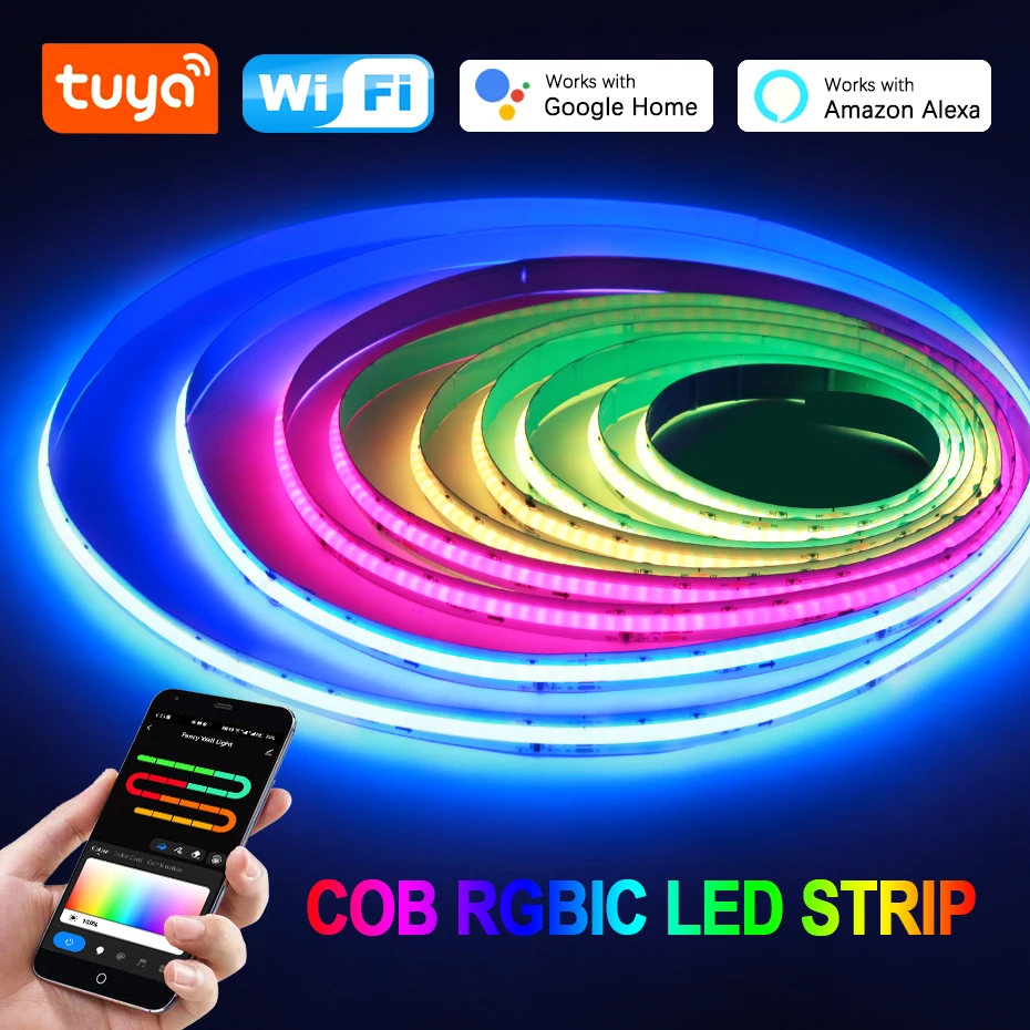 

Светодиодная лента Tuya Wifi Dreamcolor COB, Светодиодная лента дневного света 24 В RGBIC, адресная Светодиодная лента 720 светодиодов/м, лента RGB с дистанционным управлением для украшения дома