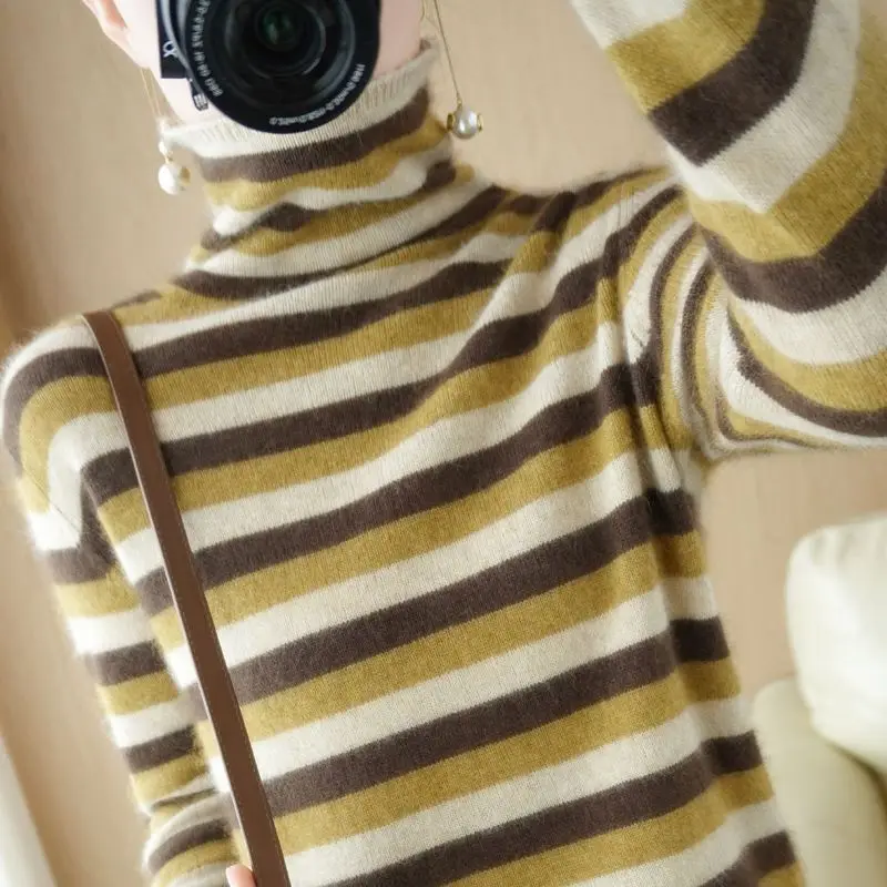 Female Commute Stylish Striped Contrasting Colors Patchwork Autumn Winter Sweaters Pile Collar Turtleneck Knitted Jumpers 2022