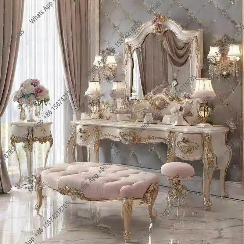 

Rt Carved Dresser American Country Makeup Table French Retro Solid Wood Dressing Mirror Bedroom Furniture