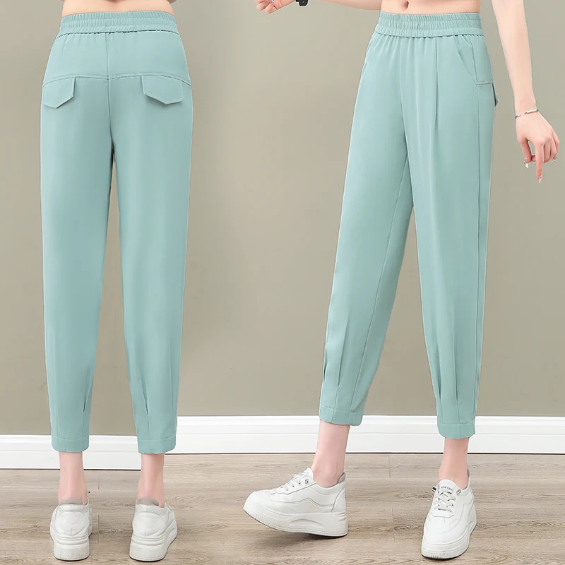 Women'S Summer Thin Style New Fashion Elastic High Waist Slim Sports 9-Point Trousers Loose Versatile Casual Harlan Pants