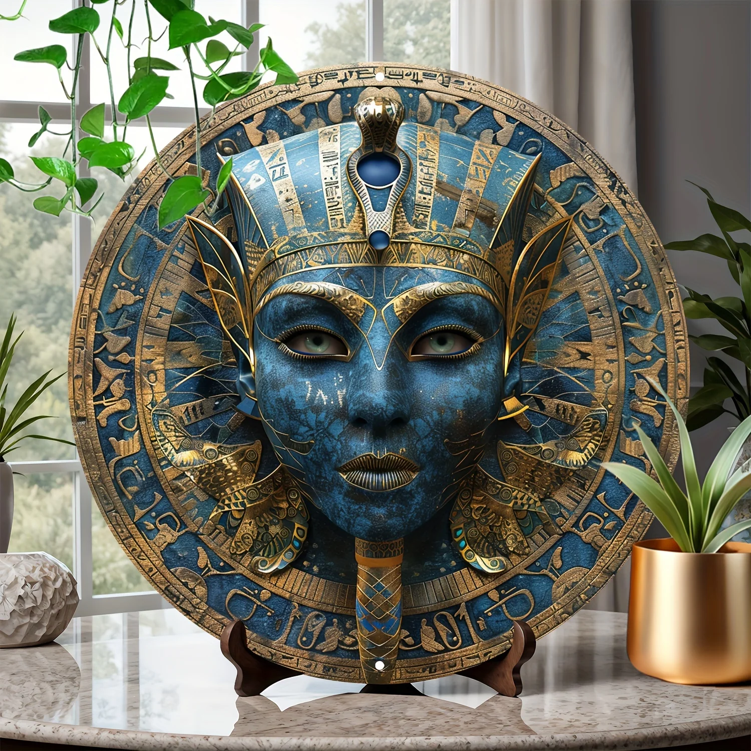 1pc Egyptian Pharaoh Mask Metal Wall Art, Round Aluminum Garland Decor, Home Gift, Bathroom Ornament, Garage Artwork room decor