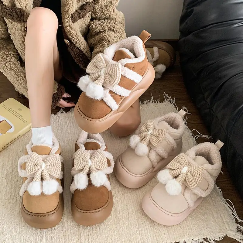 

Fashion Winter Cute Fluffy Boots for Women Faux Fur Bow Pink Snow Boots Lady Warm Plush Ball Ankle Shoes for Woman Zapatos Mujer