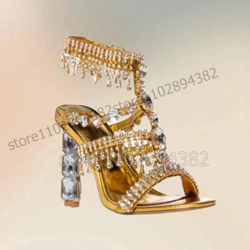 

Gold Crystal Chain Decor Open Toe Sandals Ankle Buckle Strap Women Shoes Chunky High Heels New Fashion 2023 Zapatos Para Mujere