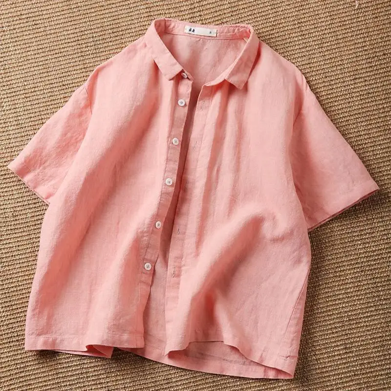

Women's Hemp ort Sve irt Top Suit Collar Pure Color Linen 00% Spring Season Faion Ladies' Premium Clothing