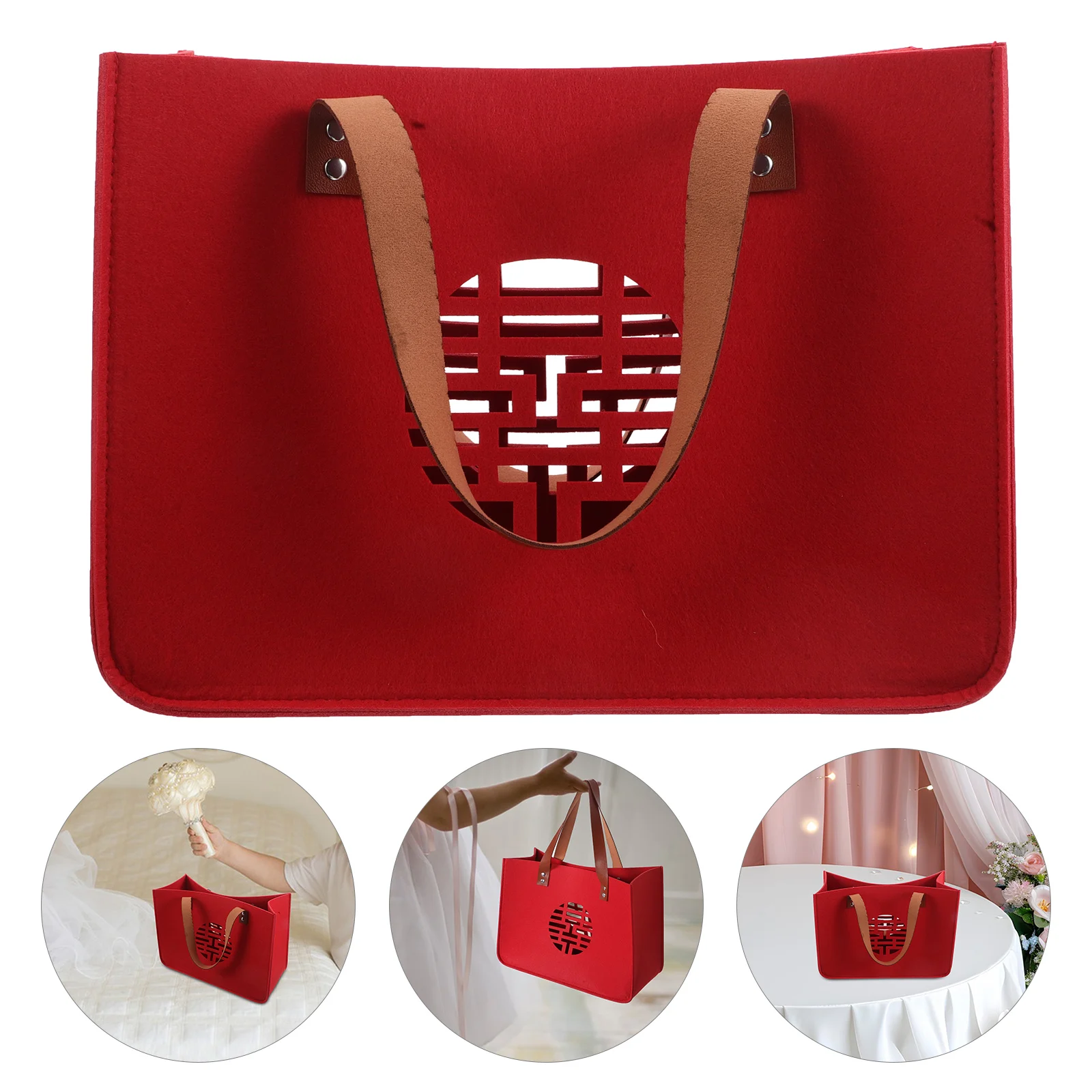 

Chinese Style Felt Red Tote For Bride Bridesmaid Large Capacity Handbag Festive Occasions Wedding Party Favor Reusable Grocery