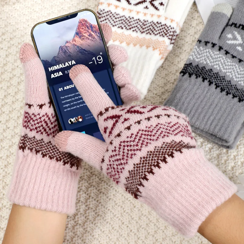 Winter Warm Knit Gloves,Windproof Touchscreen Cycling Skiing Gloves,Solid Color Thick Fleece Lined Thermal Outdoor Sports Gloves